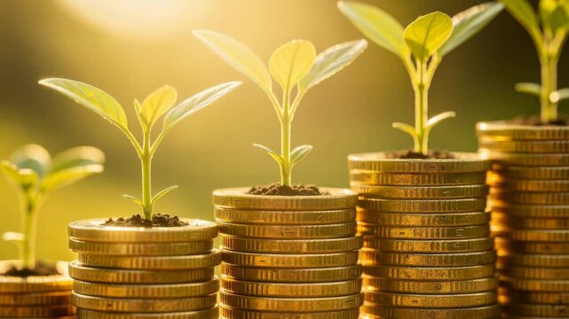 Growing plants on stacks of gold coins symbolizing financial growth and sustainable investment