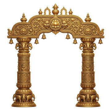 Decorative Golden Hindu Temple Arch with Ornamental Pillars Sacred Motifs Traditional Indian Architectural Craftsmanship and Heritage Detailing for Weddings and Religious Celebrations