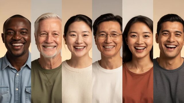 Diverse group of happy smiling people with different ages and ethnicities expressing joy and positivity