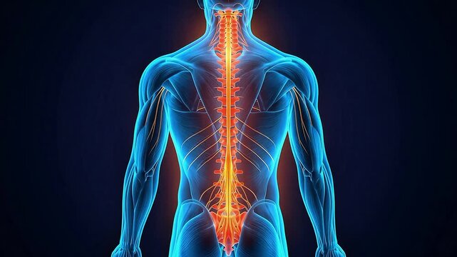 Spinal Nerve Anatomy 3D Medical Animation Human Back Arm Nervous System Glowing Dark Background