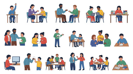 Fototapeta premium Diverse Students Learning Together in Classroom, Flat Style Vector Art
