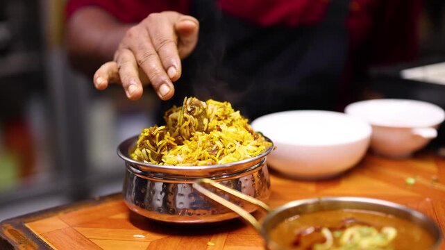 Chef Serving Steaming Lamb Biryani in Metal Bowl at Restaurant