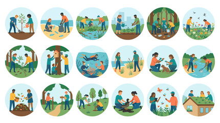 Fototapeta premium People Volunteering for Environmental Protection Nature Conservation - Flat Vector Illustrations Set