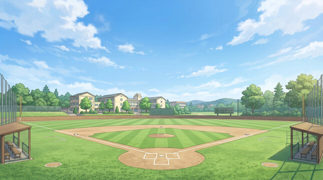 夏の午後の野球グラウンドを描いたイラストです。広い空と校舎が見える風景が、青春や部活動の思い出を感じさせます。スポーツや教育関連の素材に活用できます。