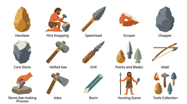 Flat Vector Prehistory Stone Age Tools Icon Set. Ancient Human Technology, Flint Knapping  Archaeology Artifacts.