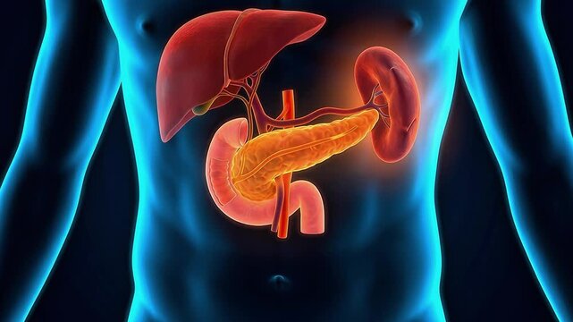 Liver Pancreas Spleen Anatomy 3D Medical Animation Human Digestive Organ Glowing Dark Background