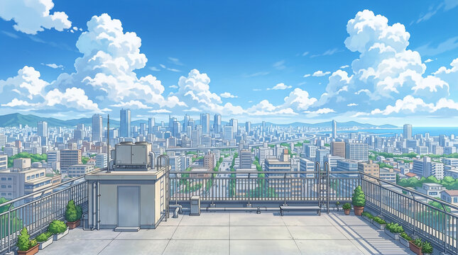 学校の屋上から見渡す夏の街並みを描いたイラストです。大きな青空と入道雲が開放感あふれる雰囲気を演出しています。教育や青春、未来をテーマにした素材に適しています。