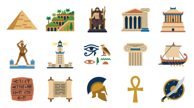 Ancient History and Mythology Flat Design Vector Icons Set. World Wonders, Egyptian, Greek, Roman Symbols