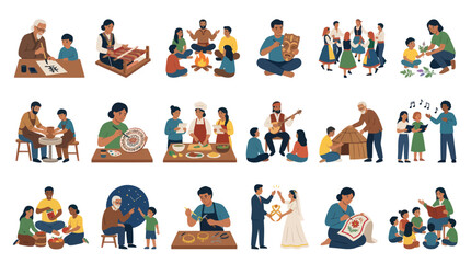 Fototapeta premium Diverse People Learning Cultural Traditions and Crafts - Flat Vector Art