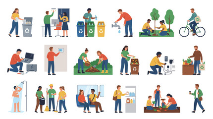 Fototapeta premium Flat Style Vector Illustration: People Practicing Eco-Friendly Habits for Sustainability