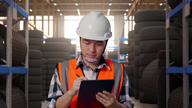 Front View of Asian Male Engineer Taking Note on Tablet While Walking at Tire Warehouse Interior with Industrial Shelving Racks