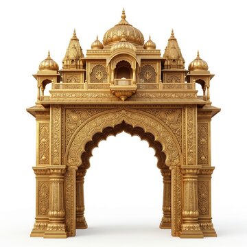 Monumental Golden Hindu Temple Entrance Arch with Domed Pavilions Floral Ornamentation Sacred Carvings and Traditional Indian Architectural Heritage for Religious and Cultural Events