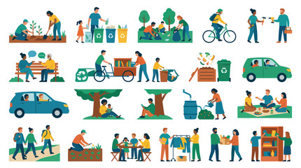 Fototapeta premium Flat Vector Illustration Set of Community Sustainability and Sharing Economy Activities