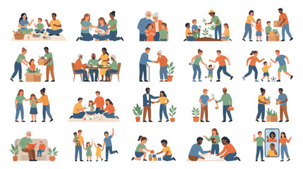 Fototapeta premium Flat Vector Illustration Set: Diverse Families, People, and Community Engaged in Social Interaction and Support Concepts