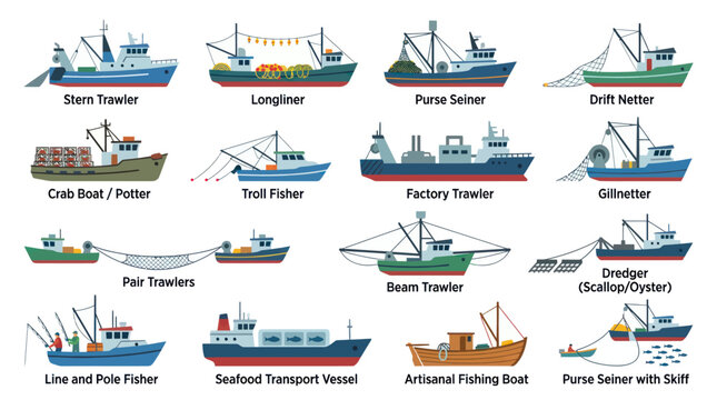 Commercial Fishing Boats and Vessels Types Flat Vector Illustration Set for Maritime Industry