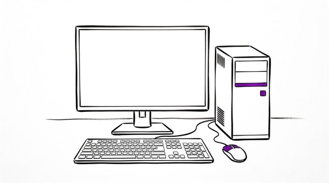 Sketch illustration of a desktop computer with a monitor keyboard and mouse