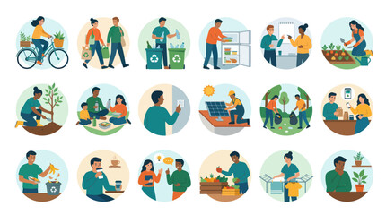 Fototapeta premium People Practicing Environmental Sustainability Green Living. Flat Vector Icons of Eco-friendly Activities Sustainable Lifestyle.