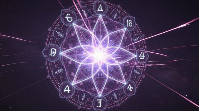 Glowing mystical magic circle with ancient symbols and cosmic energy in dark space background