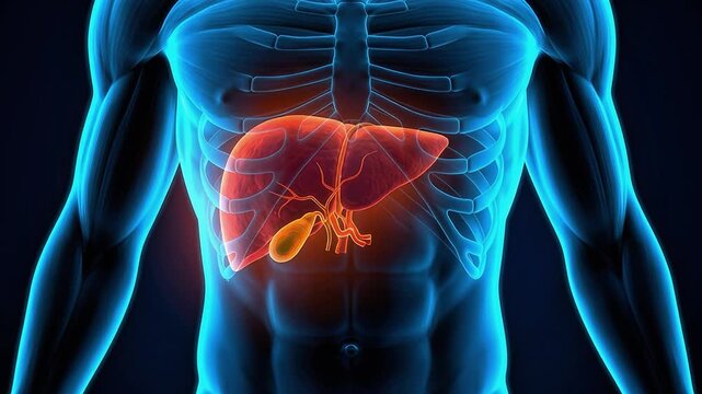 Human Liver Gallbladder Anatomy 3D Medical Animation Male Chest X-Ray Glowing Dark Background