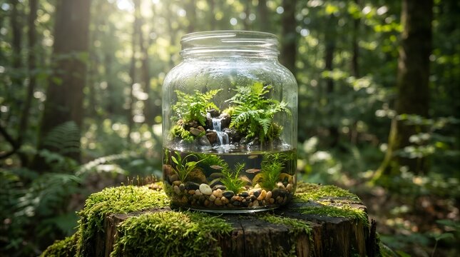 Enchanting Miniature Glass Jar Ecosystem Featuring a Serene Forest Waterfall Display