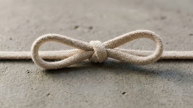 Cream cotton shoelace tied in a neat bow knot on textured concrete surface