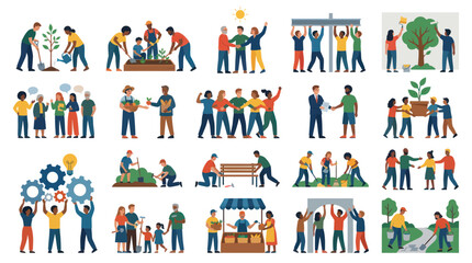 Fototapeta premium Diverse People Collaborating and Community Activities Flat Vector Icons