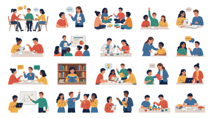 Fototapeta premium Flat Education and Learning Illustrations: Diverse Students, Teachers People in School Study Activities