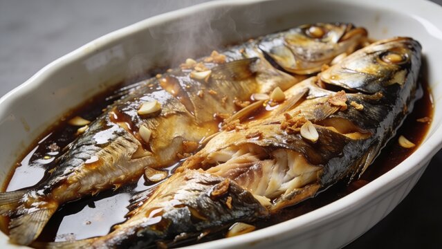 Filipino-style bangus a la pobre served hot with soy sauce, isolated side angle shot.
