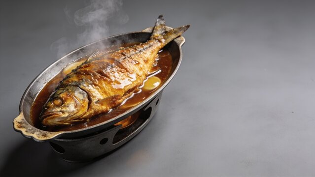 Giant milkfish a la pobre with savory soy sauce glaze served on a sizzling plate.
