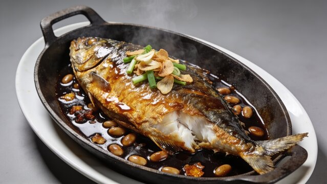 Sizzling Giant Bangus A La Pobre with soya sauce served in a dish isolated on grey background side view
