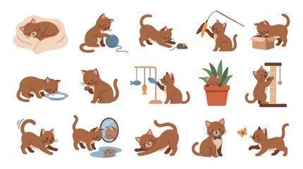 Fototapeta premium Cute Cartoon Kittens Playing with Toys, Scratching Post, Yarn, and Catnip
