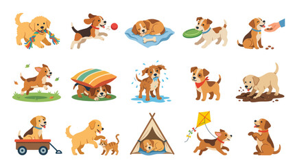 Obraz premium Flat Style Vector Illustration of Adorable Dogs and Puppies Playing
