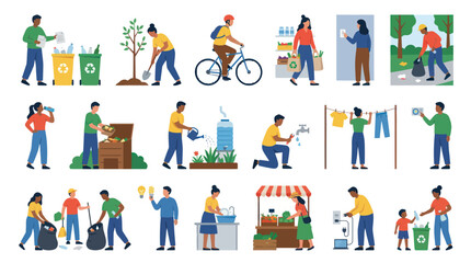 Fototapeta premium Sustainable Green Living Flat Vector Illustrations: Diverse People Practicing Eco-Friendly Environmental Habits
