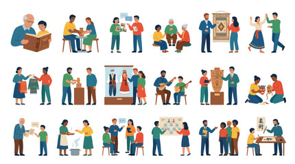 Fototapeta premium Flat Vector Illustration of Diverse People Learning, Creating, and Interacting in Educational, Cultural, and Craft Activities