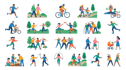 Fototapeta premium People Physical Activity Flat Illustration: Diverse Characters Exercising, Sport, and Healthy Lifestyle for Health and Fitness