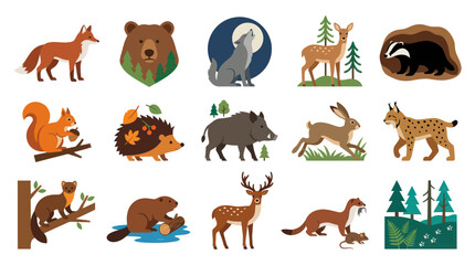 Obraz premium Flat Vector Wildlife Animals Set for Nature Education - Forest Woodland Creatures Collection Icons
