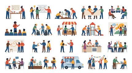 Fototapeta premium Community Volunteering and Social Responsibility: Flat Vector Illustration of Diverse Group Activities