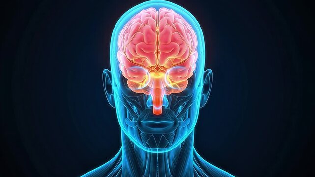 Human Brain Anatomy 3D Medical Animation Front View Head X-Ray Glowing Red Dark Background