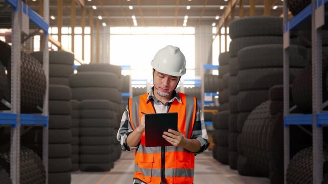 Front View of Asian Male Engineer Taking Note on Tablet While Walking at Tire Warehouse Interior with Industrial Shelving Racks