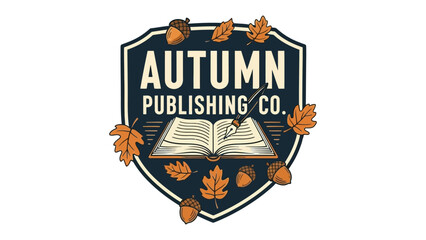 Autumn Publishing Logo: A vintage shield emblem featuring an open book and quill, surrounded by autumn leaves and acorns, signifying creativity and literary pursuits. © Hossain