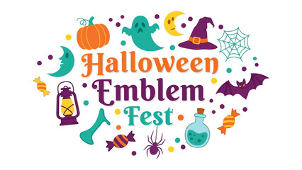 Fototapeta premium Festive Halloween Emblem: A vibrant collection of classic Halloween symbols, including pumpkins, ghosts, bats, spiders, and candies, arranged in a lively emblem design.