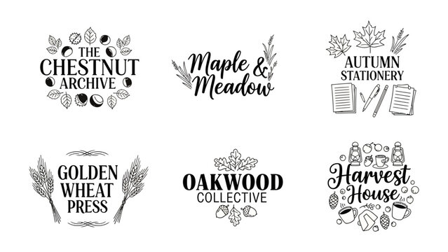 Autumnal Logo Collection: A compilation of six distinct logo designs, each featuring autumnal themes like leaves, acorns, wheat, and rustic typography.