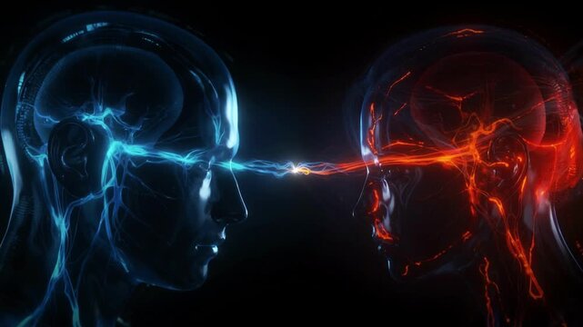 Abstract Glowing Human Heads Connecting Through Energy Lines Symbolizing Thought and Communication in Dark Studio Setting