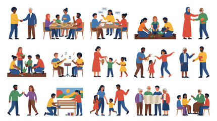 Fototapeta premium Flat Vector Illustration of Diverse People in Social Community Life, Family Relationship Activities