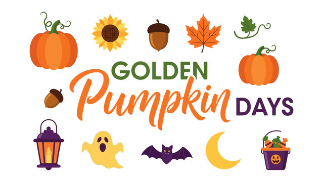 Autumn Harvest Icons: A vibrant collection of colorful fall-themed icons, including pumpkins, sunflowers, acorns, maple leaves, a ghost, bat, moon, and lantern.