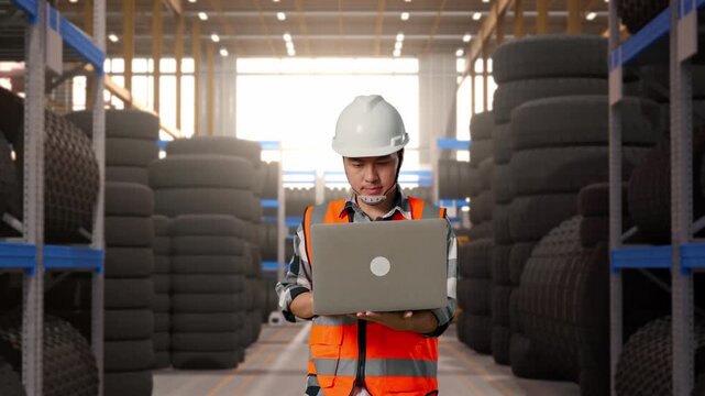 Front View of Asian Male Engineer Use Computer While Walking at Tire Warehouse Interior with Industrial Shelving Racks
