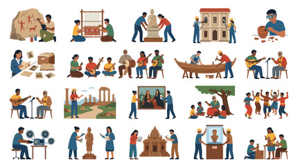 Fototapeta premium Cultural Heritage, Arts, and History Flat Vector Illustrations: People Preserving, Learning, and Creating