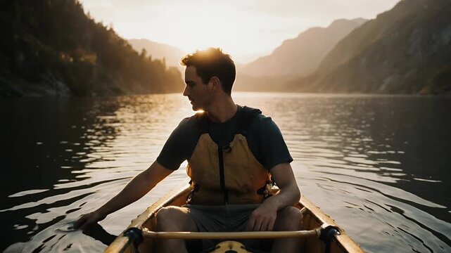 Man Paddling Canoe on Calm Mountain Lake at Sunset