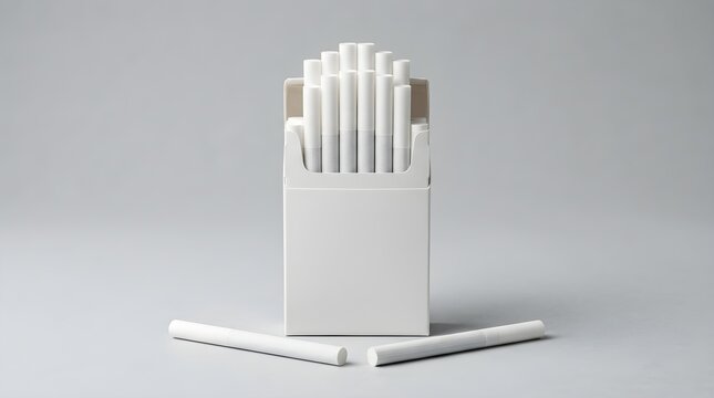 White cigarette box with cigarettes on gray background