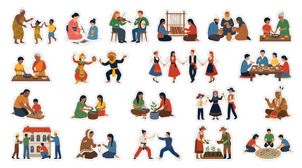 Fototapeta premium Diverse Global Culture Flat Vector Illustrations Set: People, Families, and Traditional Activities